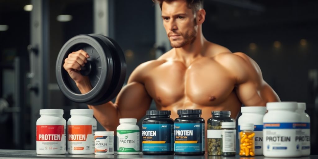 Homme musclé avec compléments, s'entraînant avec haltères.