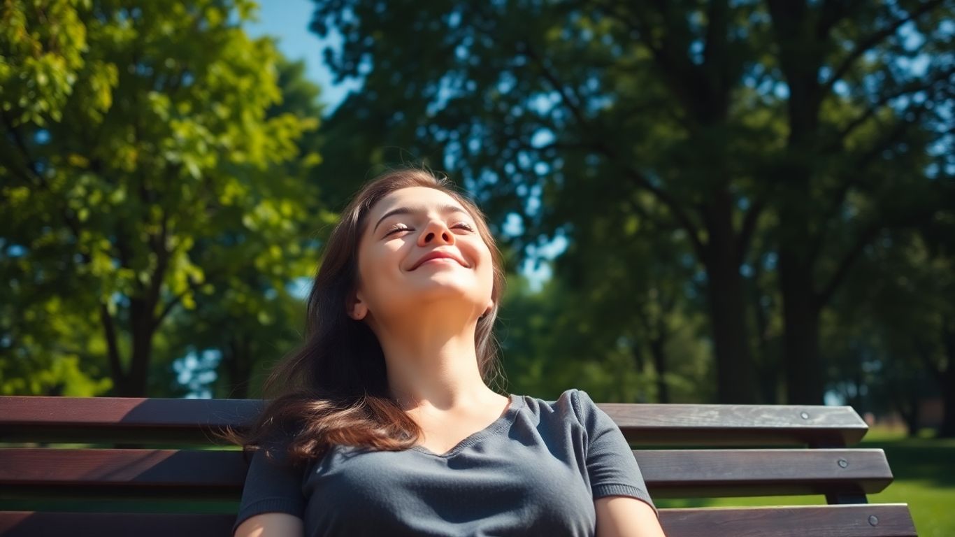 Personne assise paisiblement sur un banc, yeux fermés, souriant.