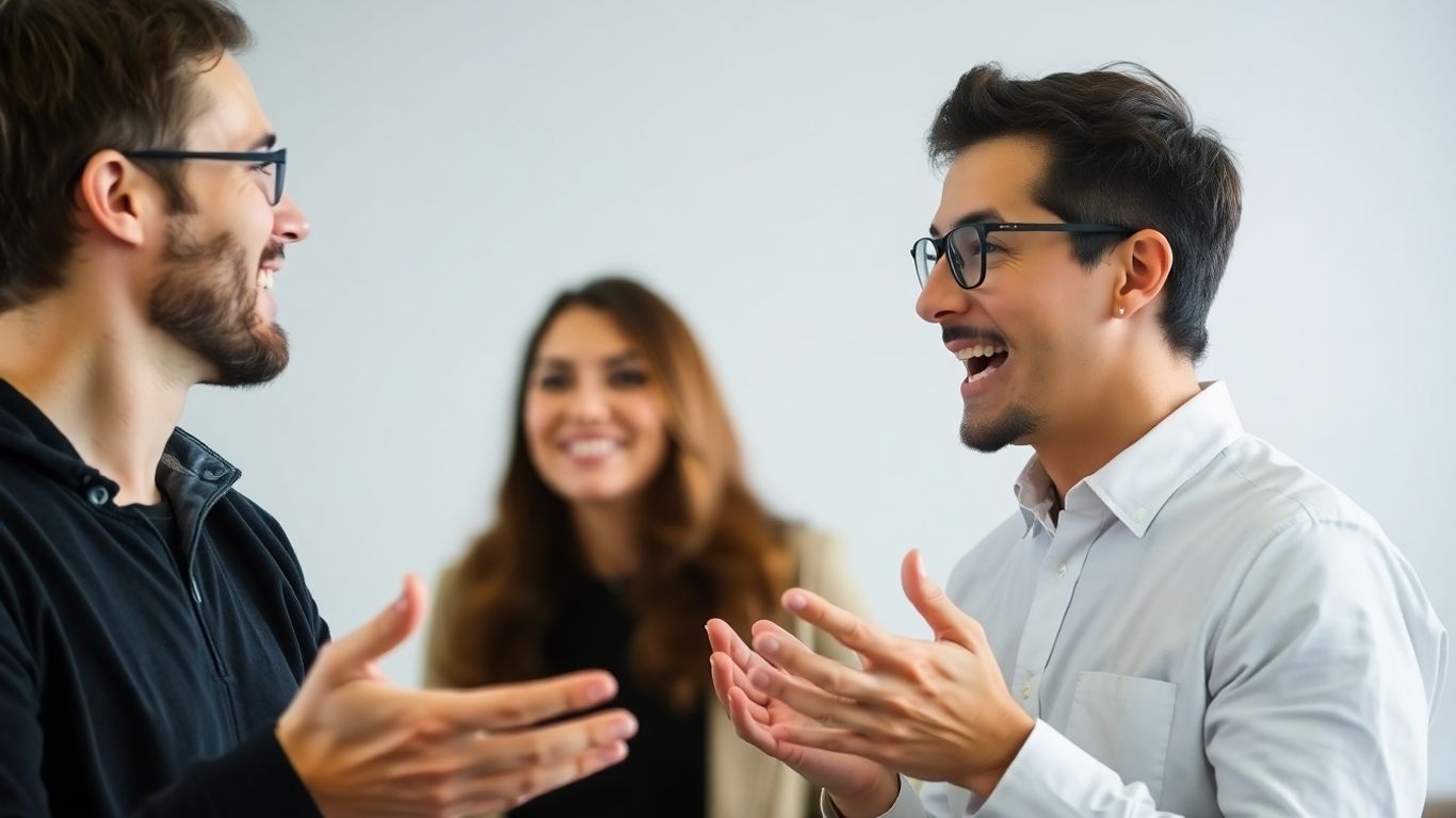 Deux personnes communiquant activement dans une conversation engageante.