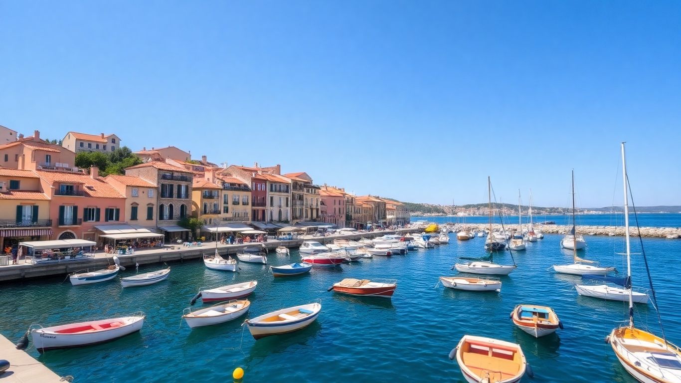 Vue du port de Toulon avec des bateaux et des bâtiments colorés.